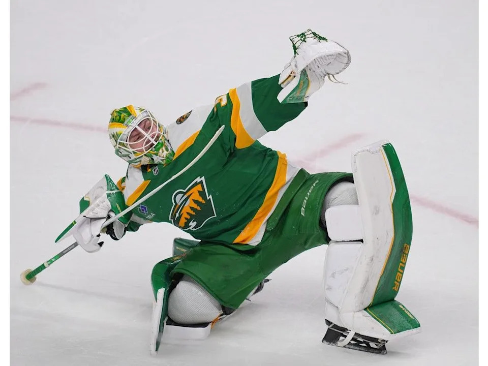  Minnesota Wild goaltender Jesper Wallstedt celebrates the overtime win against the Carolina Hurricanes at Grand Casino Arena on Nov. 19, 2025 in St Paul, Minnesota.