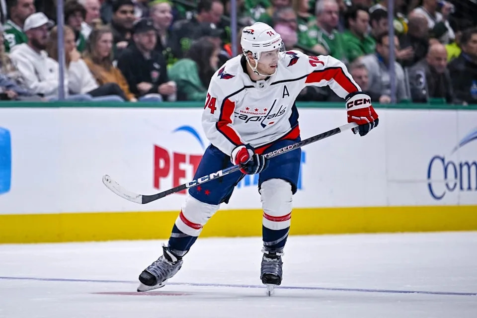 Oct 27, 2022; Dallas, Texas, USA; Washington Capitals defenseman John Carlson (74) in action during the game between the Dallas Stars and the Washington Capitals at the American Airlines Center. Mandatory Credit: Jerome Miron-USA TODAY Sports