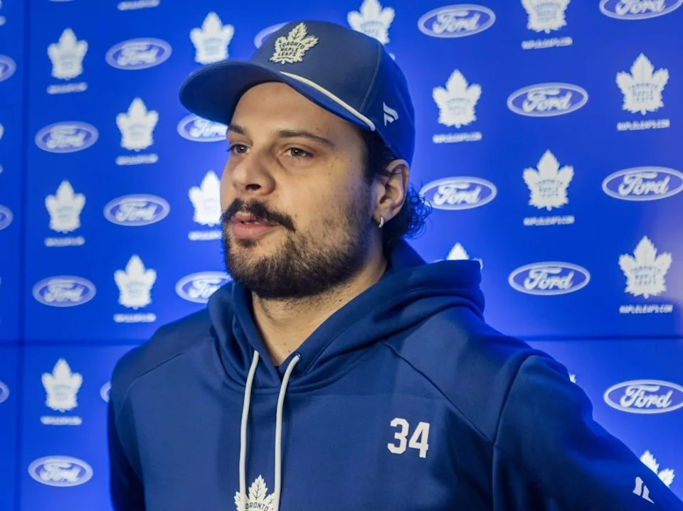 Toronto Maple Leafs captain Auston Matthews talks to reporters during the end of season media availability at the Ford Performance Centre in Toronto on April 16, 2026.