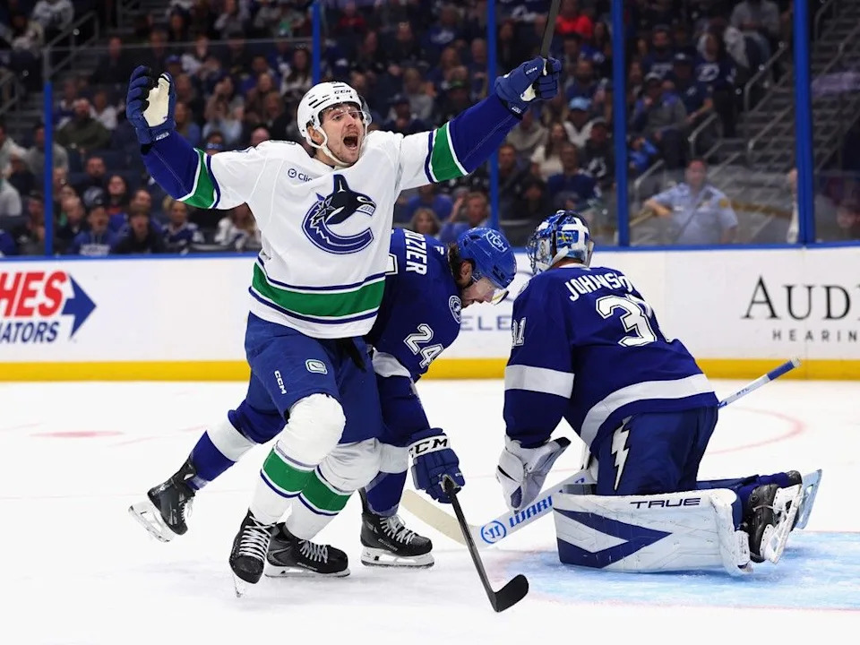 Linus Karlsson celebrates his goal against the Lightning at Benchmark International Arena on Nov. 16, 2025 in Tampa, Fla.