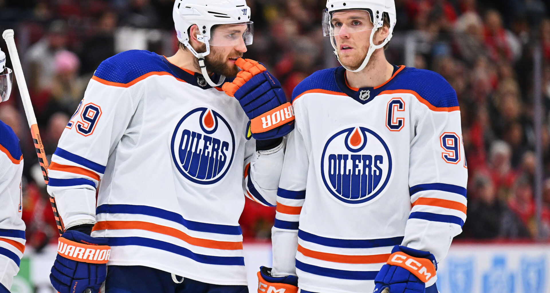 Edmonton Oilers forward Leon Draisaitl (29) and forward Connor McDavid (97) talk. They are eliminated form 2026 NHL playoffs