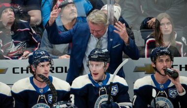 Columbus Blue Jackets head coach Rick Bowness reacts to a goal by Washington Capitals right wing Anthony Beauvillier during the second period of the NHL hockey game at Nationwide Arena in Columbus on April 14, 2026.