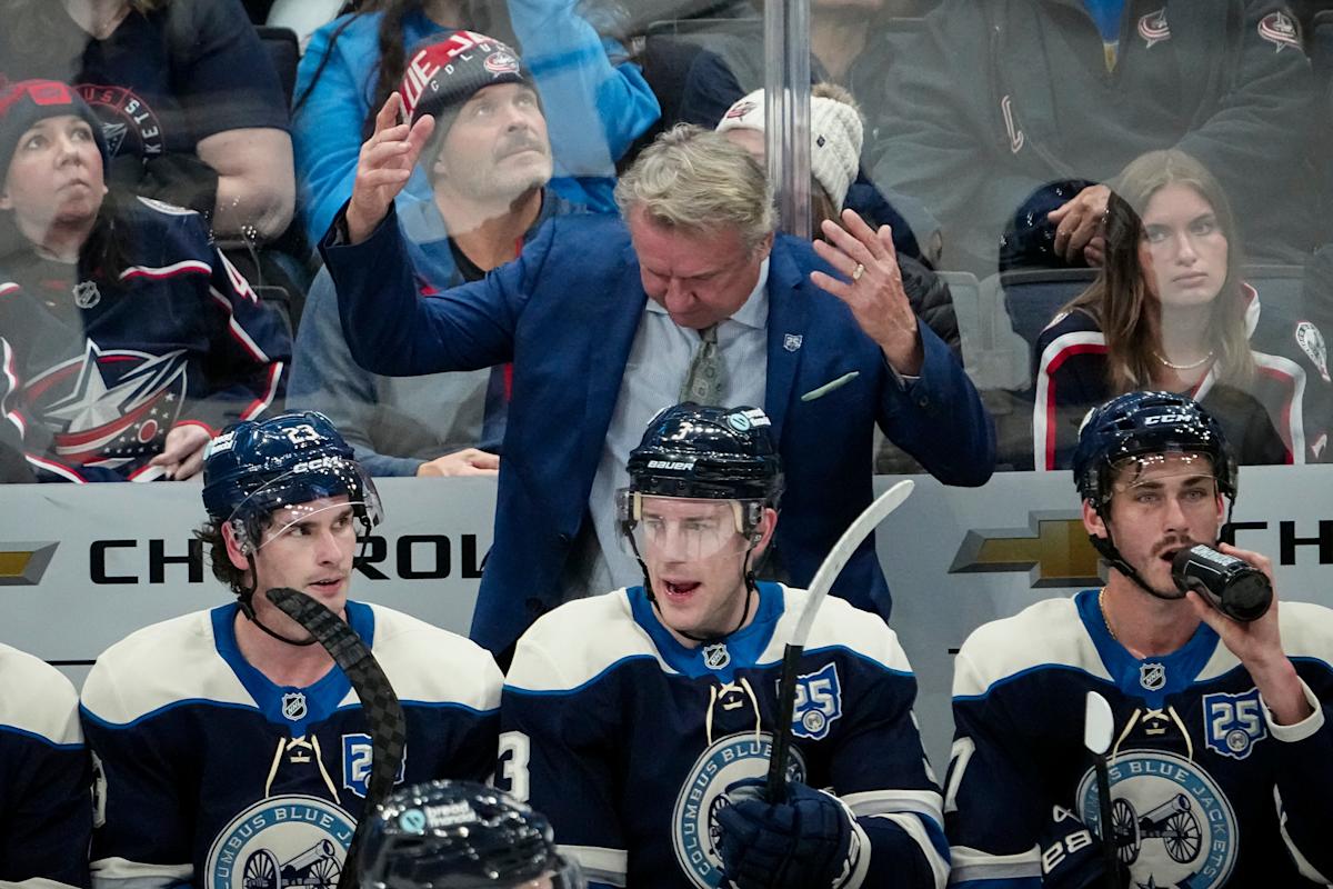Columbus Blue Jackets head coach Rick Bowness reacts to a goal by Washington Capitals right wing Anthony Beauvillier during the second period of the NHL hockey game at Nationwide Arena in Columbus on April 14, 2026.