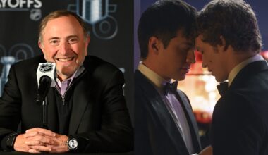 Two images: National Hockey League Commissioner Gary Bettman sat in front of a mic. Heated Rivarly still of Shane Hollander (Hudson Williams) and Ilya Rozanov (Connor Storrie) resting their foreheads together.