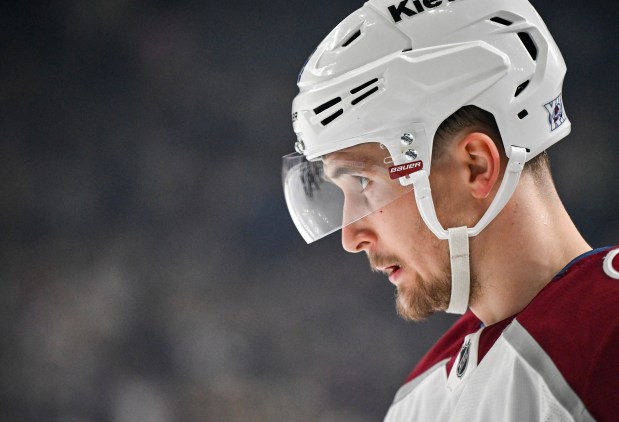 Martin Necas (88) of the Colorado Avalanche waits for a face off against the Vegas Golden Knights during the first period of Game 3 of the NHL Western Conference Final at T-Mobile Arena in Las Vegas, Nevada on Sunday, May 24, 2026. (Photo by AAron Ontiveroz/The Denver Post)