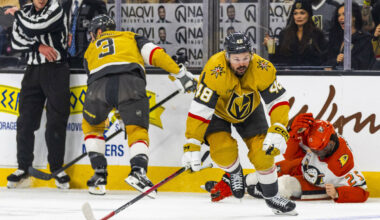 Golden Knights defenseman Brayden McNabb (3) collides into Anaheim Ducks center Ryan Poehling ( ...
