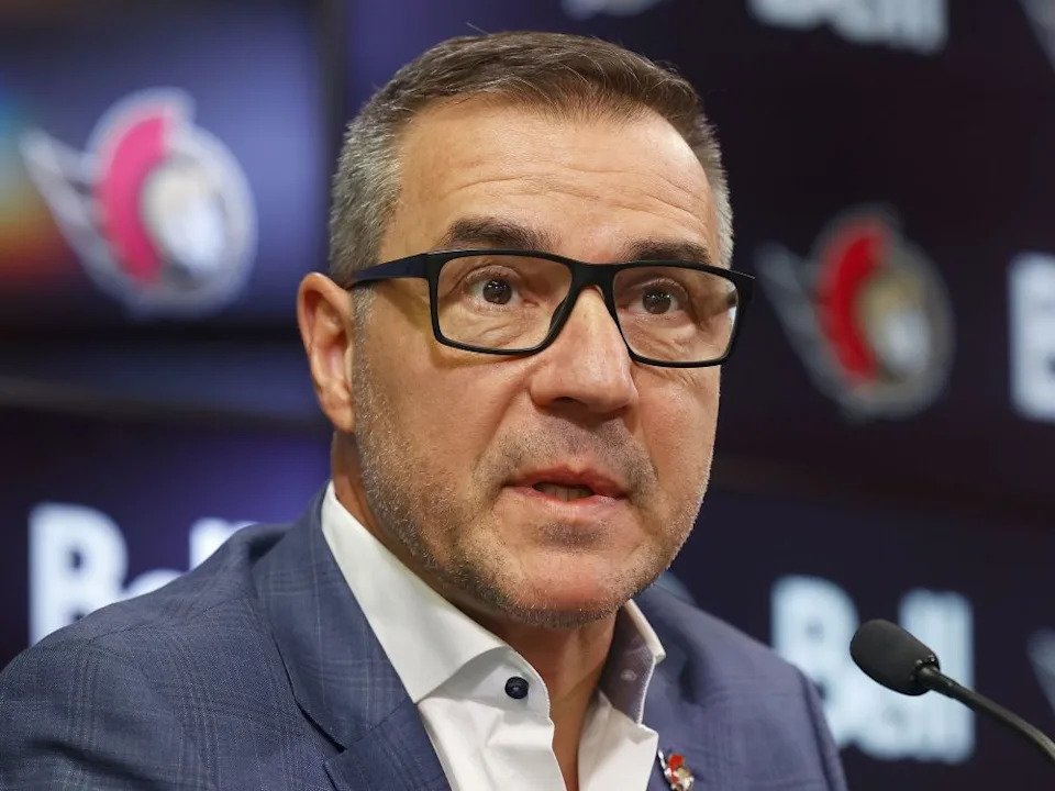  Steve Staios, president of hockey operations and general manager for the Ottawa Senators, speaks to the media.