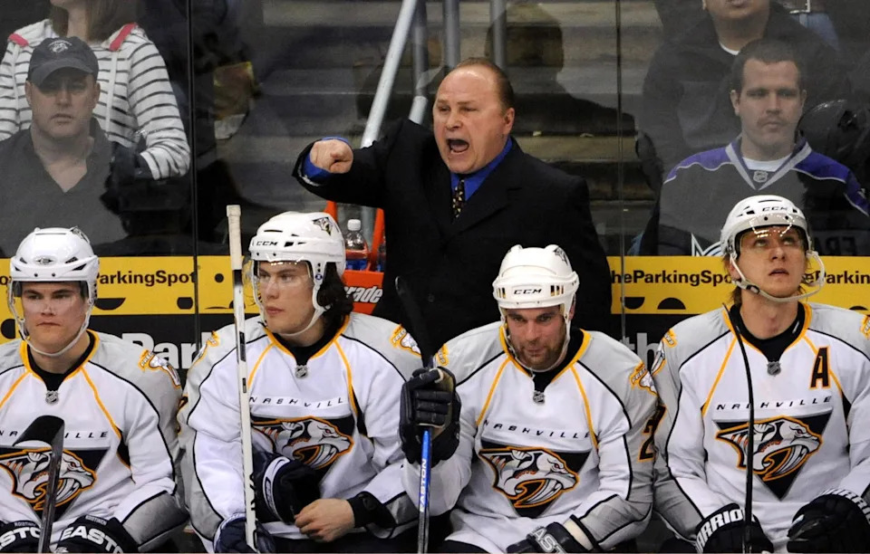 Mar 16, 2009, Los Angeles, CA, USA; Nashville Predators coach Barry Trotz gestures from the bench in the third period against the Los Angeles Kings at the Staples Center. The Predators defeated the Kings 4-3. Mandatory Credit: Kirby Lee/Image of Sport-Imagn Images