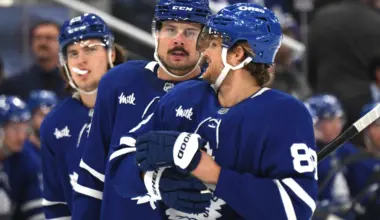 Toronto Maple Leafs forward Auston Matthews (34) speaks with forward William Nylander (88) as forward Matthew Knies (23) looks on in the first period against the Nashville Predators at Scotiabank Arena.