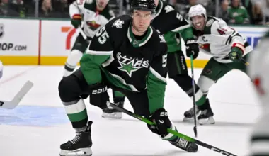 Dallas Stars defenseman Thomas Harley (55) blocks a shot during the game between the Stars and the Wild in game two of the first round of the 2026 Stanley Cup Playoffs at American Airlines Center