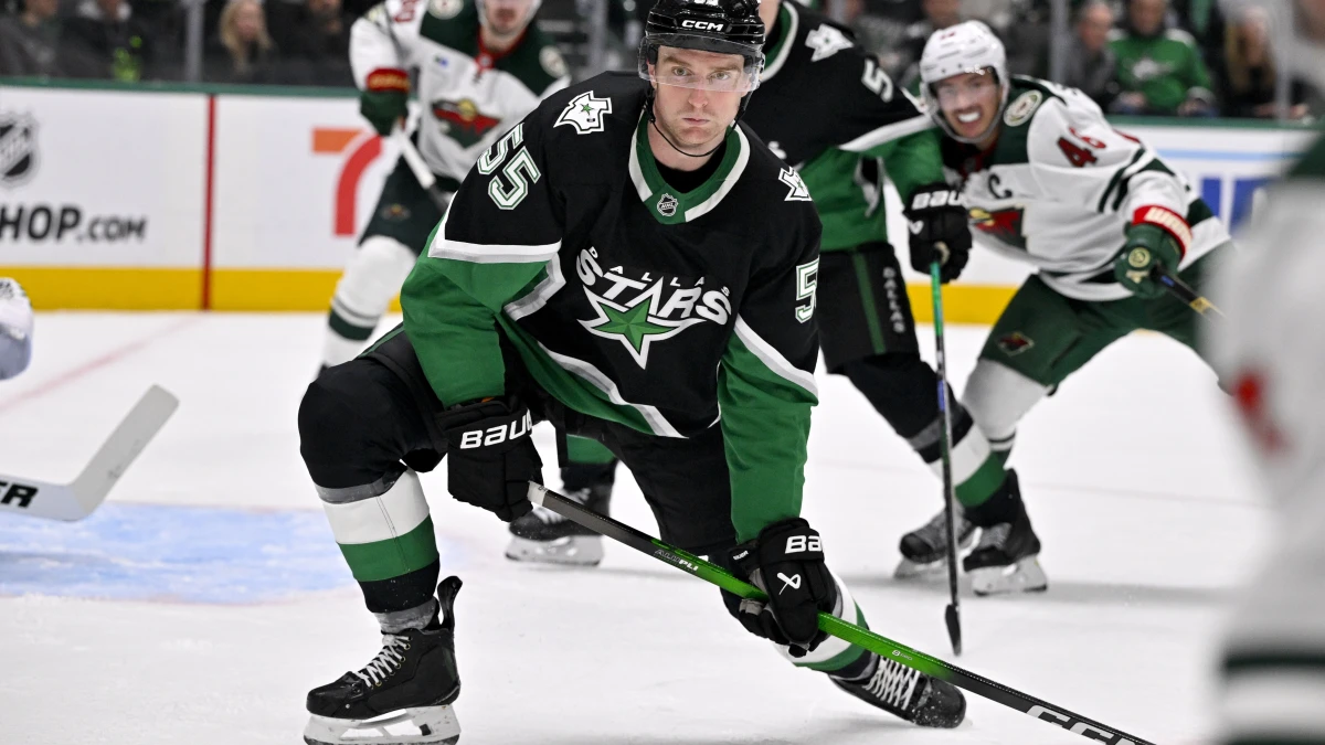 Dallas Stars defenseman Thomas Harley (55) blocks a shot during the game between the Stars and the Wild in game two of the first round of the 2026 Stanley Cup Playoffs at American Airlines Center