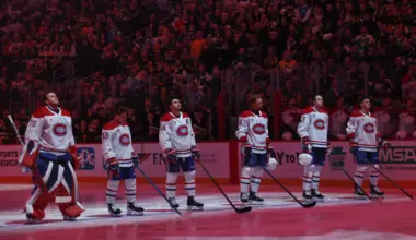 The Montreal Canadiens starting line up (L to R) including goaltender Jakub Dobes (75) and right wing Cole Caufield (13) and center Nick Suzuki (14) and defenseman Mike Matheson (8) and defenseman Noah Dobson (53) and right wing Zachary Bolduc (76) stand for the Canadian national anthem against the Pittsburgh Penguins at PPG Paints Arena.