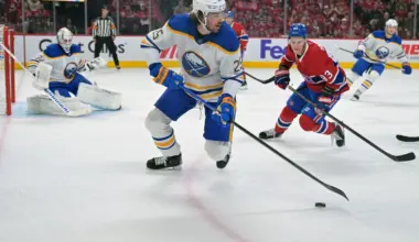 Buffalo Sabres defenseman Owen Power (25) plays the puck and Montreal Canadiens forward Ivan Demidov (93) pressures during the first period in game three of the second round of the 2026 Stanley Cup Playoffs at the Bell Centre.