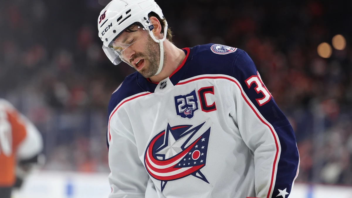 Columbus Blue Jackets center Boone Jenner (38) reacts against the Philadelphia Flyers in the second period at Xfinity Mobile Arena.