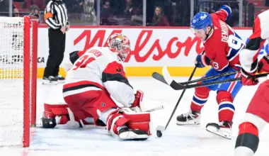 Carolina Hurricanes goalie Frederik Andersen (31) stops Montreal Canadiens forward Ivan Demidov (93) during the third period at the Bell Centre.