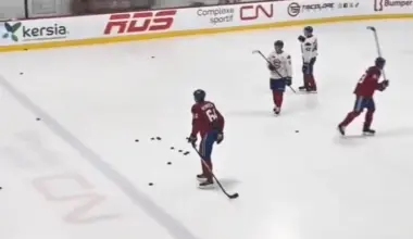 Photo of David Reinbacher looking frustrated and storming off the ice at Canadiens practice.