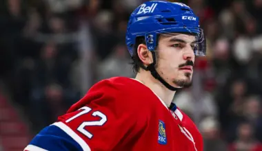 Montreal Canadiens defenseman Arber Xhekaj (72) looks on against the Vancouver Canucks during the first period at Bell Centre.