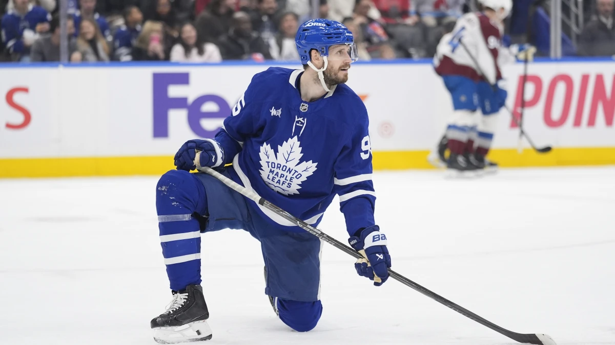Toronto Maple Leafs defenseman Oliver Ekman-Larsson (95) kneels on the ice after a goal by Colorado Avalanche forward Jack Drury (not pictured) during the second period at Scotiabank Arena.