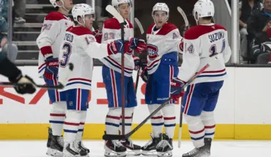 Montreal Canadiens right wing Cole Caufield (13) , left wing Juraj Slafkovsk&yacute; (20) , right wing Ivan Demidov (93) defenseman Lane Hutson (48) and center Nick Suzuki (14) celebrate after scoring a goal during the third period against the San Jose Sharks at SAP Center at San Jose.
