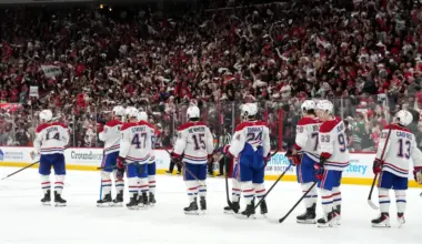 Montreal Canadiens players wait in the handshake line after losing to the Carolina Hurricanes in game five of the Eastern Conference Final of the 2026 Stanley Cup Playoffs at Lenovo Center.