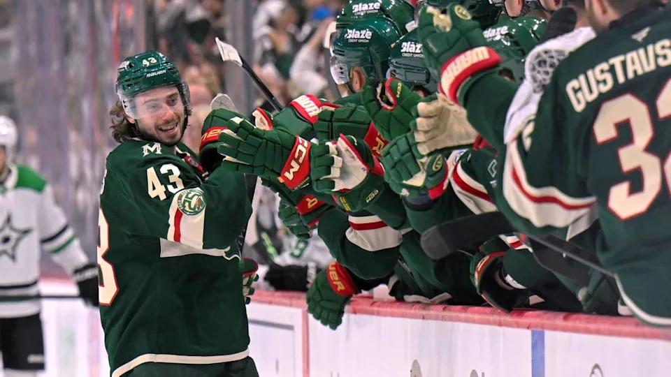 Minnesota Wild defensemen Quinn Hughes (43) celebrates his second goal of the night against the Dallas Stars during the third period in game six of the first round of the 2026 Stanley Cup Playoffs at Grand Casino Arena.Nick Wosika-Imagn Images