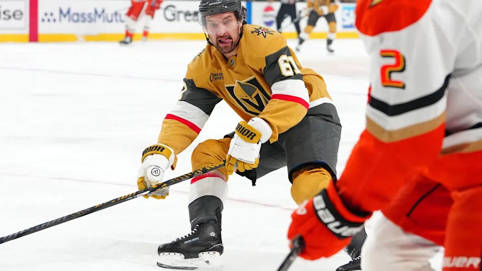 Vegas Golden Knights right wing Mark Stone (61) skates against the Anaheim Ducks.Stephen R. Sylvanie-Imagn Images