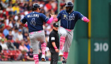 Tampa Bay Rays' Junior Caminero, right, celebrates after his home run with third base coach Brady Williams (4) as he runs the bases toward home in the first inning of a baseball game against the Boston Red Sox, Sunday, May 10, 2026, in Boston. (AP Photo/Steven Senne)