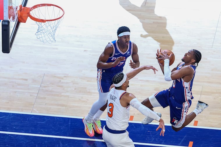 Philadelphia 76ers guard Tyrese Maxey attempts a shot in the third quarter of Game 1 of the second-round playoff series at Madison Square Garden.
