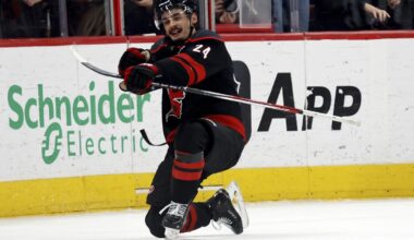 Carolina Hurricanes' Seth Jarvis (24) celebrates his game winning goal against the Boston Bruins during the third period of an NHL hockey game in Raleigh, N.C., Thursday, March 6, 2025. (AP Photo/Karl DeBlaker)