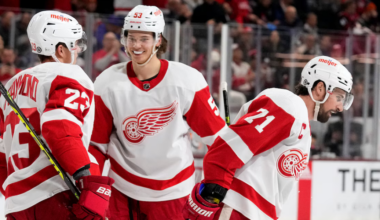 Mo Seider Lucas Raymond Dylan Larkin of the Detroit Red Wings