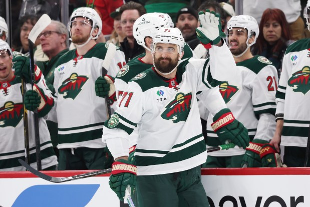 Nick Foligno #71 of the Minnesota Wild waves as he is recognized during the first period against the Chicago Blackhawks at the United Center on March 17, 2026 in Chicago, Illinois. (Photo by Michael Reaves/Getty Images)