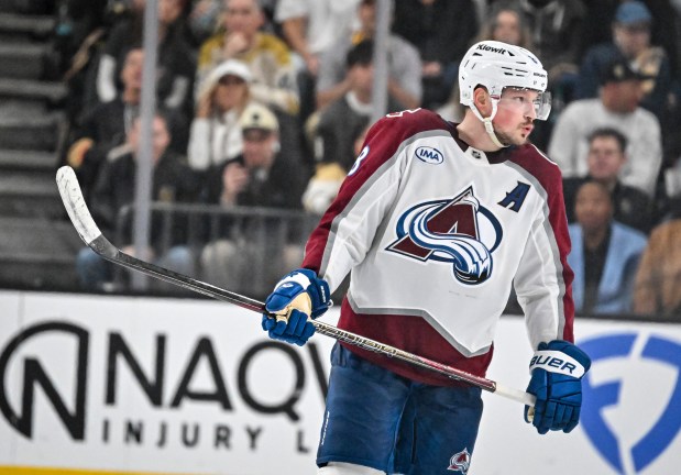 Cale Makar (8) of the Colorado Avalanche prepares to play down one goal late in the game against the Vegas Golden Knights during the third period of the Golden Knights' 2-1 win in Game 4 of the NHL Western Conference Final at T-Mobile Arena in Las Vegas, Nevada on Tuesday, May 26, 2026. Vegas finished the series with a 4-0 sweep and will advance to the Stanley Cup Final. (Photo by AAron Ontiveroz/The Denver Post)
