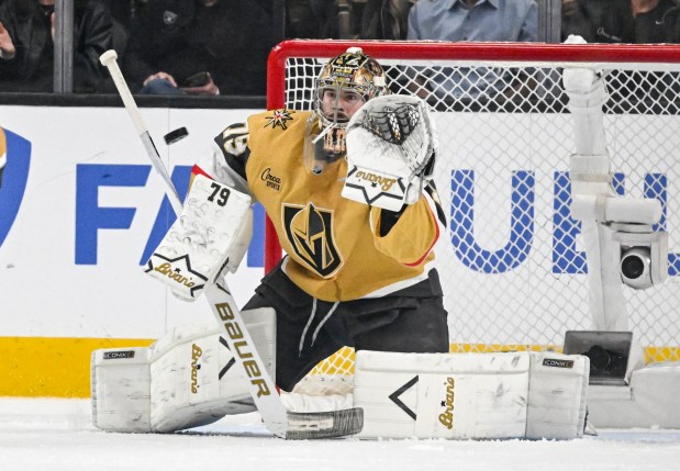 Carter Hart (79) of the Vegas Golden Knights makes a save against the Colorado Avalanche during the second period of Game 3 of the NHL Western Conference Final at T-Mobile Arena in Las Vegas, Nevada on Sunday, May 24, 2026. (Photo by AAron Ontiveroz/The Denver Post)