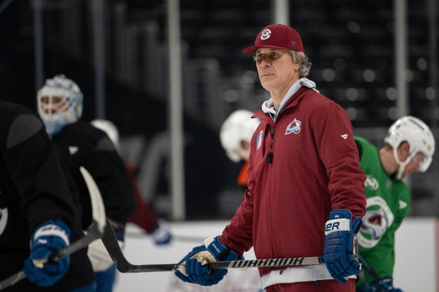 Head coach Jared Bednar of the Colorado Avalanche looks on during a practice on Saturday, April 25, 2026, at Crypto.com Arena in Los Angeles, Calif. (Photo by Timothy Hurst/The Denver Post)