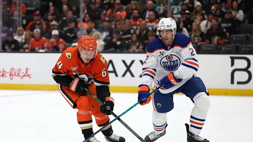<a class="link " href="https://sports.yahoo.com/nhl/teams/anaheim/" data-i13n="sec:content-canvas;subsec:anchor_text;elm:context_link" data-ylk="slk:Anaheim Ducks;sec:content-canvas;subsec:anchor_text;elm:context_link;itc:0" data-yga="{"yLinkElement":"context_link","yModuleName":"content-canvas","yLinkText":"Anaheim Ducks","ySubModuleName":"anchor_text","yHasCommerce":false}">Anaheim Ducks</a> center <a class="link " href="https://sports.yahoo.com/nhl/players/4969/" data-i13n="sec:content-canvas;subsec:anchor_text;elm:context_link" data-ylk="slk:Mikael Granlund;sec:content-canvas;subsec:anchor_text;elm:context_link;itc:0" data-yga="{"yLinkElement":"context_link","yModuleName":"content-canvas","yLinkText":"Mikael Granlund","ySubModuleName":"anchor_text","yHasCommerce":false}">Mikael Granlund</a> (64) fights for the puck against Edmonton Oilers defenseman <a class="link " href="https://sports.yahoo.com/nhl/players/7908/" data-i13n="sec:content-canvas;subsec:anchor_text;elm:context_link" data-ylk="slk:Evan Bouchard;sec:content-canvas;subsec:anchor_text;elm:context_link;itc:0" data-yga="{"yLinkElement":"context_link","yModuleName":"content-canvas","yLinkText":"Evan Bouchard","ySubModuleName":"anchor_text","yHasCommerce":false}">Evan Bouchard</a> (2) during the 2026 Stanley Cup Playoffs.Kiyoshi Mio-Imagn Images