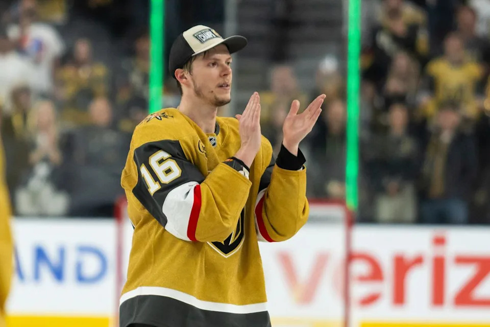 Vegas Golden Knights right-wing Pavel Dorofeyev (16) claps his hands at the crowd after game 4 of a NHL playoff game of the semi-final round between the Vegas Golden Knights and the Colorado Avalanche, Tuesday May 26, 2026 in Las Vegas, Nev.