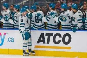The San Jose Sharks celebrate a goal scored by forward Colin Graf. Mandatory Credit: Perry Nelson-Imagn Images
