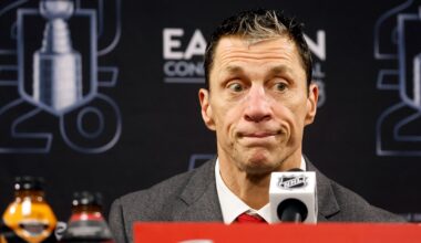 Carolina Hurricanes head coach Rod Brind'Amour speaks at a news conference after Game 2 of the Eastern Conference Final Stanley Cup playoff series against the Montreal Canadiens in Raleigh, N.C., Saturday, May 23, 2026. (AP File Photo/Karl DeBlaker)