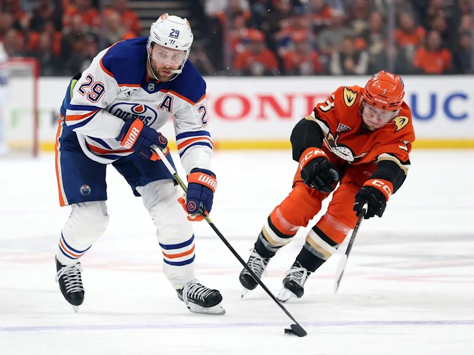 Leon Draisaitl #29 of the Edmonton Oilers skates with the puck against Ian Moore #3 of the Anaheim Ducks during the third period in Game 6 of the first round of the 2026 Stanley Cup Playoffs at Honda Center on April 30, 2026 in Anaheim, Calif.