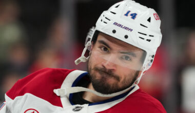 Montréal Canadiens center Nick Suzuki (14) looks on before the game against the Carolina Hurricanes in game two of the Eastern Conferene Final of the 2026 Stanley Cup Playoffs at Lenovo Center