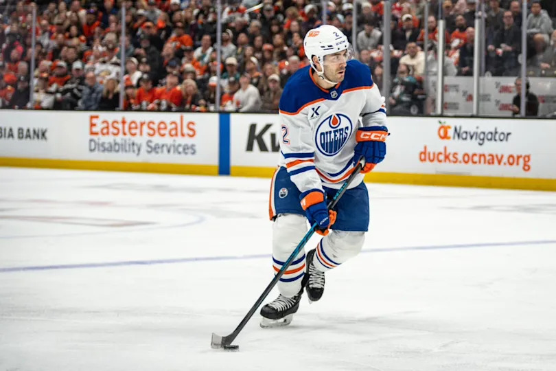 Edmonton Oilers defenseman Evan Bouchard (2) skates in the 2026 Stanley Cup Playoffs at Honda Center
