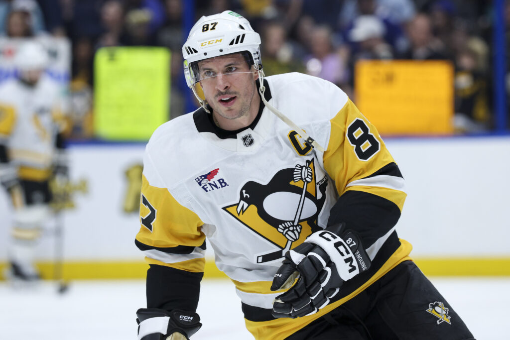 Pittsburgh Penguins center Sidney Crosby (87) warms up before a game at Benchmark International Arena