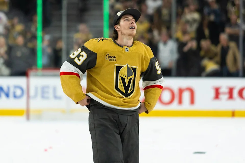 Vegas Golden Knights right-wing Mitch Marner (93) sighs in relief after game 4 of a NHL playoff game of the semi-final round between the Vegas Golden Knights and the Colorado Avalanche, Tuesday May 26, 2026 in Las Vegas, Nev.