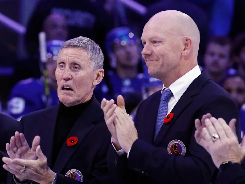  Mats Sundin (right) stands with Borje Salming during a pregame ceremony at Scotiabank Arena on Nov. 11, 2022 in Toronto.