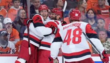 Carolina Hurricanes' Nikolaj Ehlers, left, Jordan Staal and Jordan Martinook celebrate after a goal by Ehlers in Game 3 in the second round of the NHL hockey Stanley Cup playoffs against the Philadelphia Flyers on Thursday, May 7, 2026, in Philadelphia. (AP File Photo/Matt Slocum)
