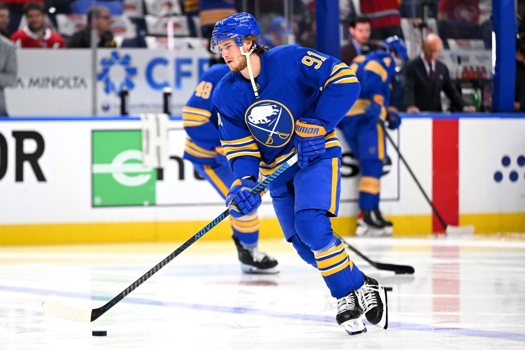 Josh Doan of the Buffalo Sabres warming up before Game Two of the 2026 Stanley Cup Playoffs.