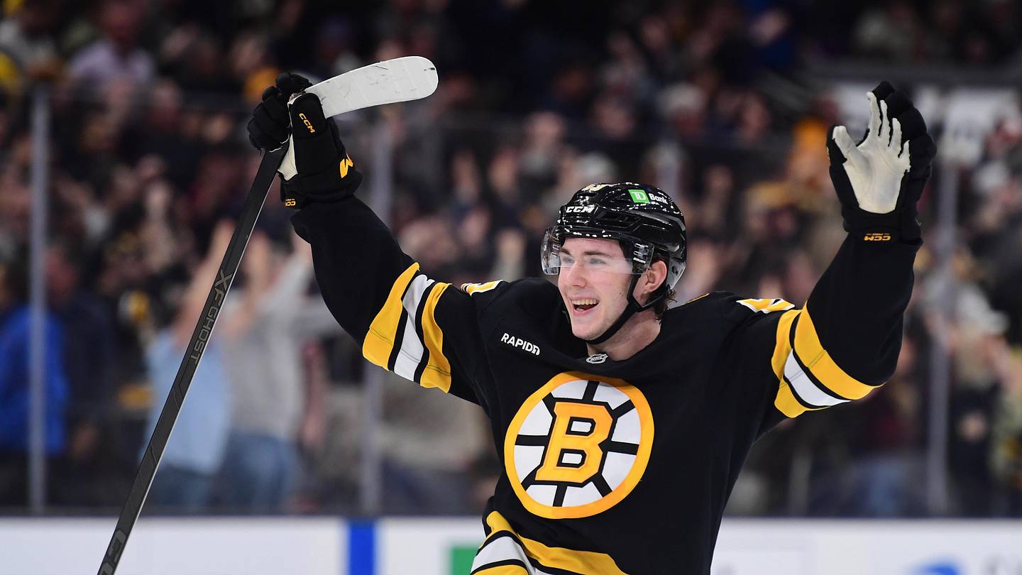 Mar 10, 2026; Boston, Massachusetts, USA; Boston Bruins center Fraser Minten (93) reacts after defeating the Los Angeles Kings in overtime at TD Garden. Mandatory Credit: Bob DeChiara-Imagn Images