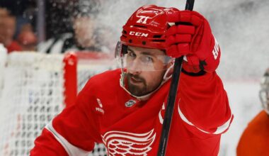 Mar 28, 2026; Detroit, Michigan, USA;  Detroit Red Wings center Dylan Larkin (71) celebrates after scoring on Philadelphia Flyers goaltender Dan Vladar (80) in the second period at Little Caesars Arena. Mandatory Credit: Rick Osentoski-Imagn Images