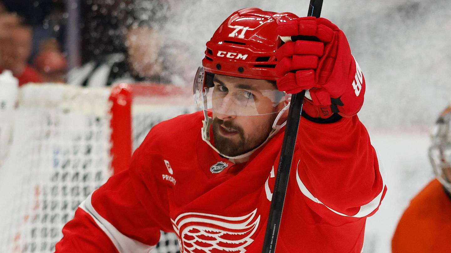 Mar 28, 2026; Detroit, Michigan, USA;  Detroit Red Wings center Dylan Larkin (71) celebrates after scoring on Philadelphia Flyers goaltender Dan Vladar (80) in the second period at Little Caesars Arena. Mandatory Credit: Rick Osentoski-Imagn Images