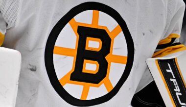 Jan 20, 2026; Dallas, Texas, USA;  A view of the Boston Bruins logo on the jersey of Boston Bruins goaltender Jeremy Swayman (1) during the game at the American Airlines Center. Mandatory Credit: Jerome Miron-Imagn Images